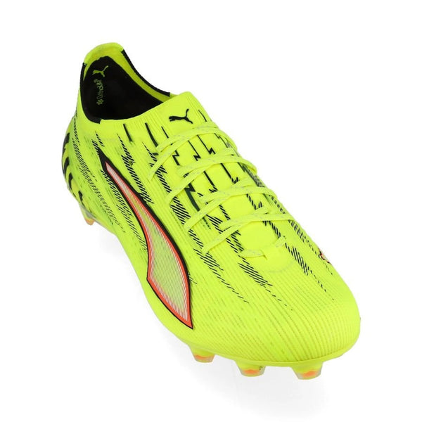 front view of the PUMA Ultra 6 Ultimate FG Unleashed in Yellow/Black/Red/Lime colorway