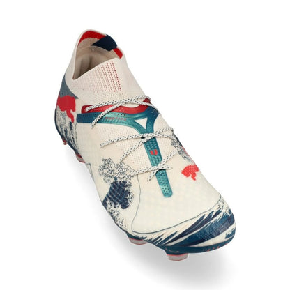 front view of the PUMA X Unisport Future 7 Ultimate FG/AG Great Wave in Almond/Red/Ocean colorway