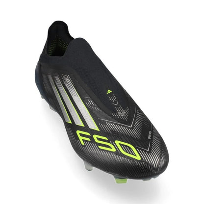 front view of the adidas F50 Elite FG Laceless Electric Stealth pack in Black/Lemon colorway