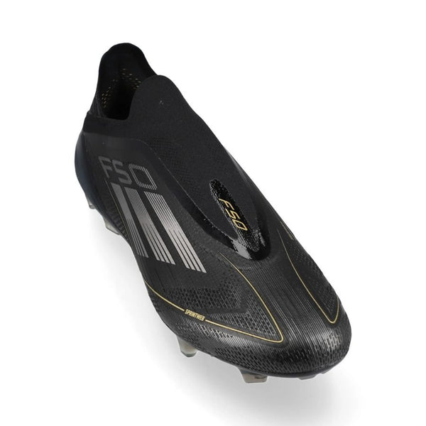 front view of the adidas F50 Elite Laceless FG Dark Spark pack in Black/Metal colorway