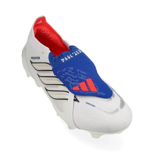 front view of the adidas Predator Elite Fold-over Tongue FG Icon Takeover in White/Metallic/Blue colorway
