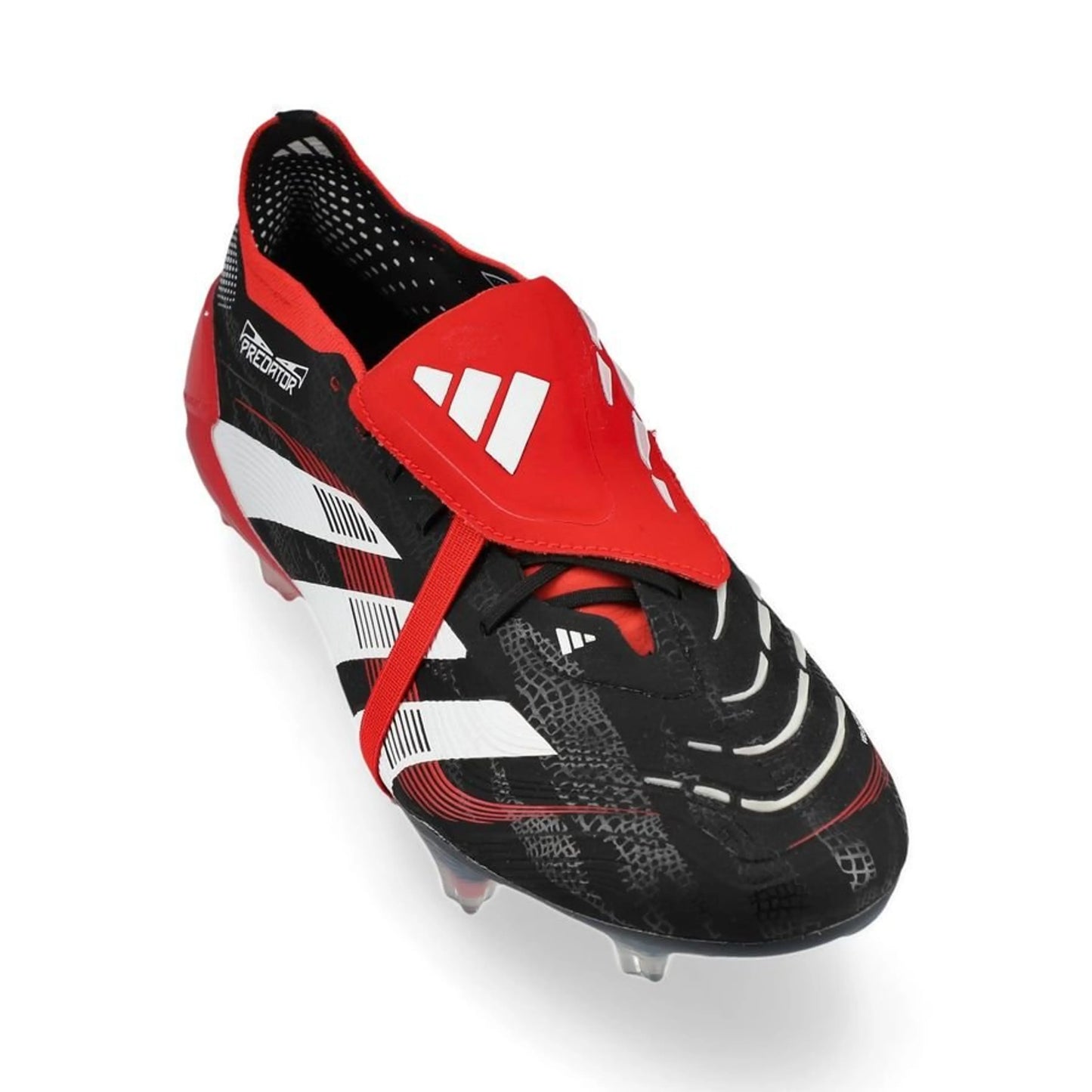front view of the adidas Predator Elite Fold-over Tongue FG "Moments" pack in Black/White/Red colorway