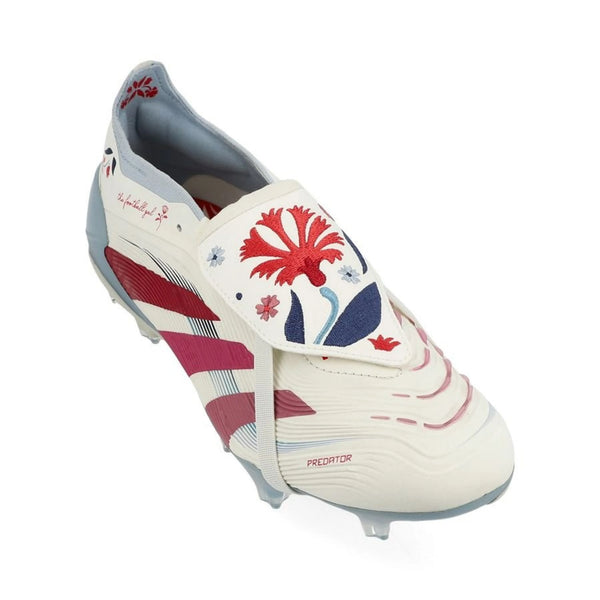 front view of the adidas Predator Elite Fold-over Tongue FG "The Football Gal" pack in Off White/Pink colorway