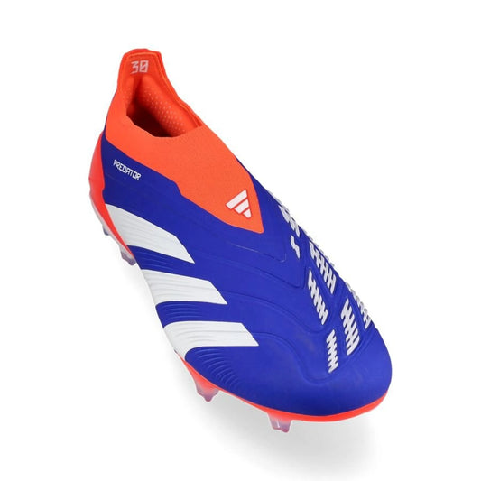 front view of the adidas Predator Elite Laceless FG "Advancement" pack in Blue/White/Red colorway