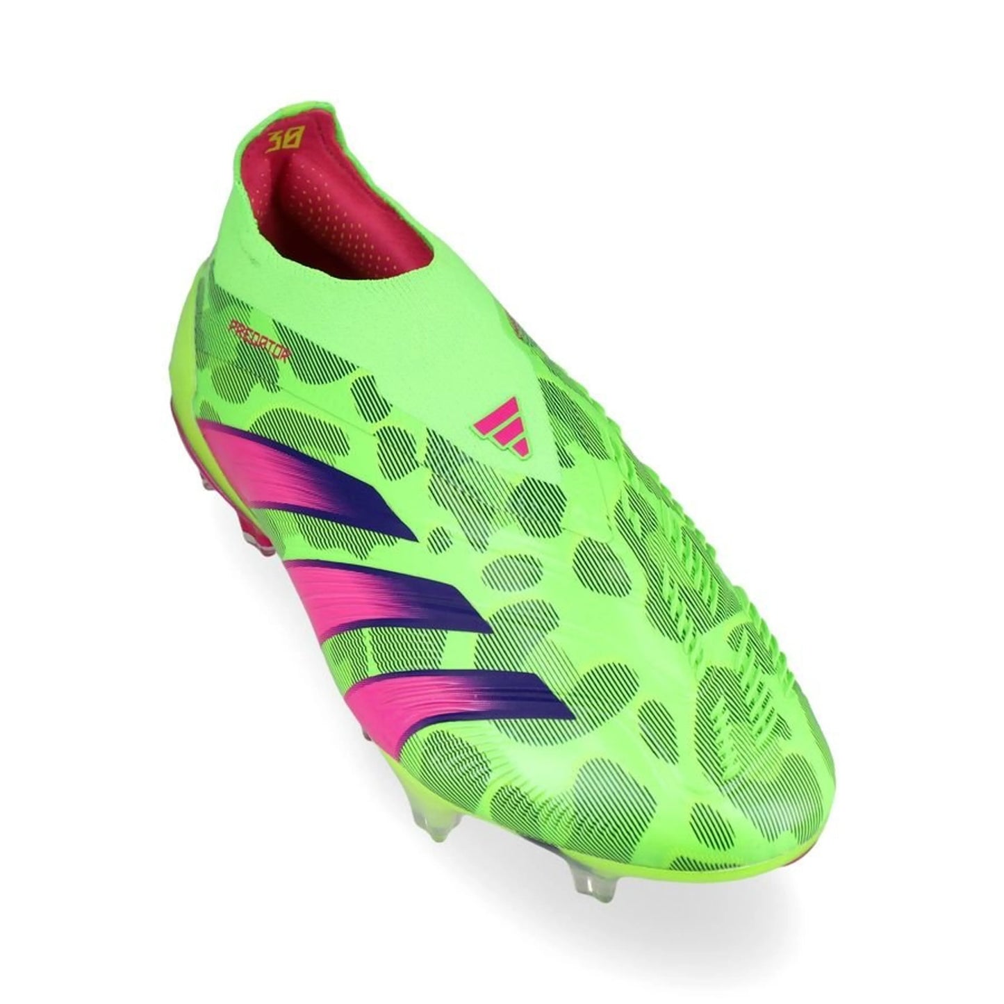front view of the adidas Predator Elite Laceless FG "Generation Pred" pack in Green/Pink colorway