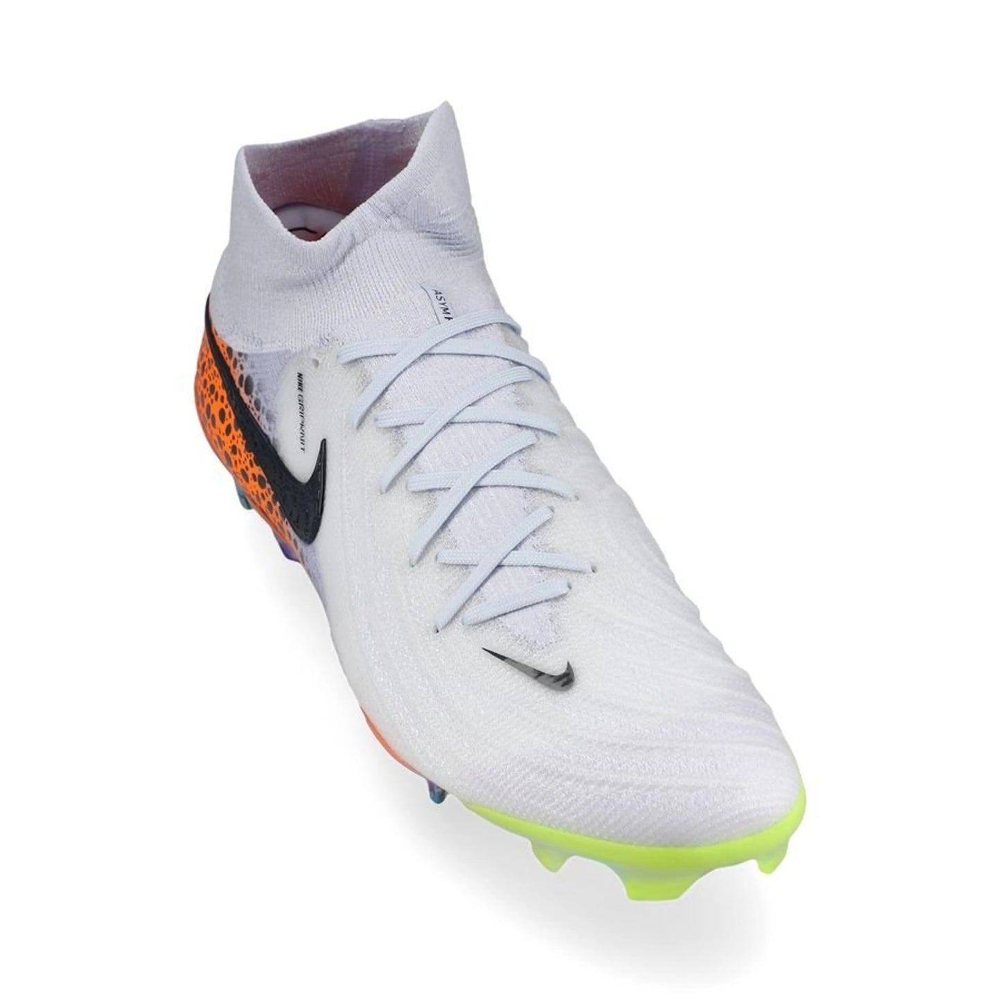 front view of the Nike Phantom Luna 2 Elite FG "Electric" Pack in a Grey/Black/Orange colorway