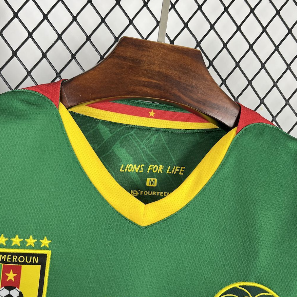 neck view of the Cameroon 25/26 Home Green Football Short Sleeve Jersey Designed by Fourteen