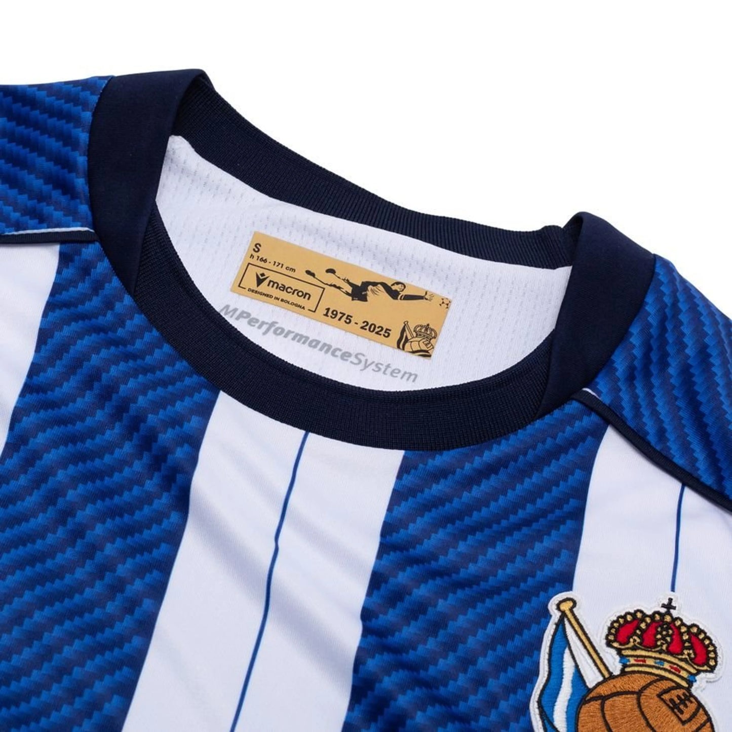 neck view of the Macron Real Sociedad 2025/26 Home Blue and White Shirt