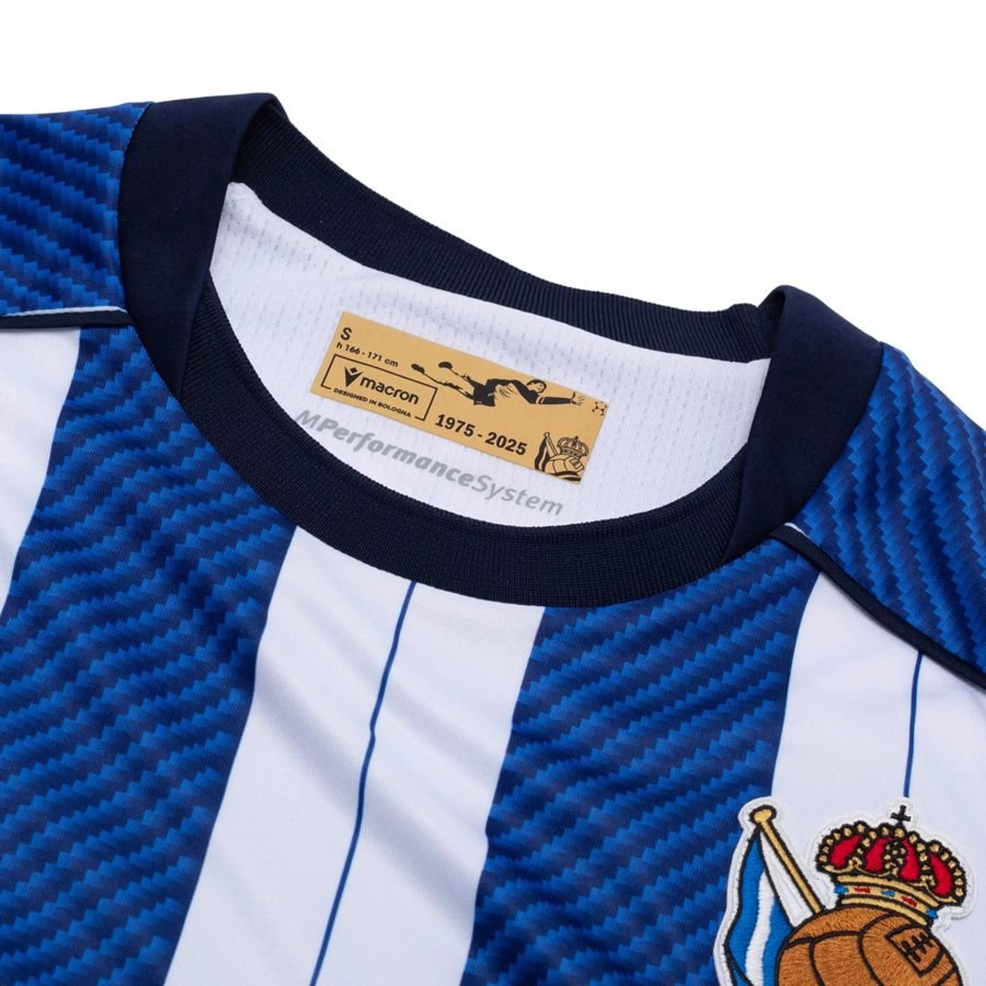 neck view of the Macron Real Sociedad 2025/26 Home Blue and White Shirt