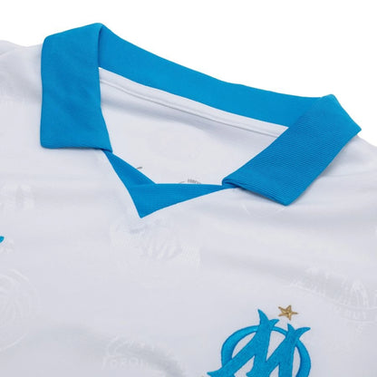 neck view of the PUMA Marseille 2025/26 Home Shirt LS White/Bleu Azur
