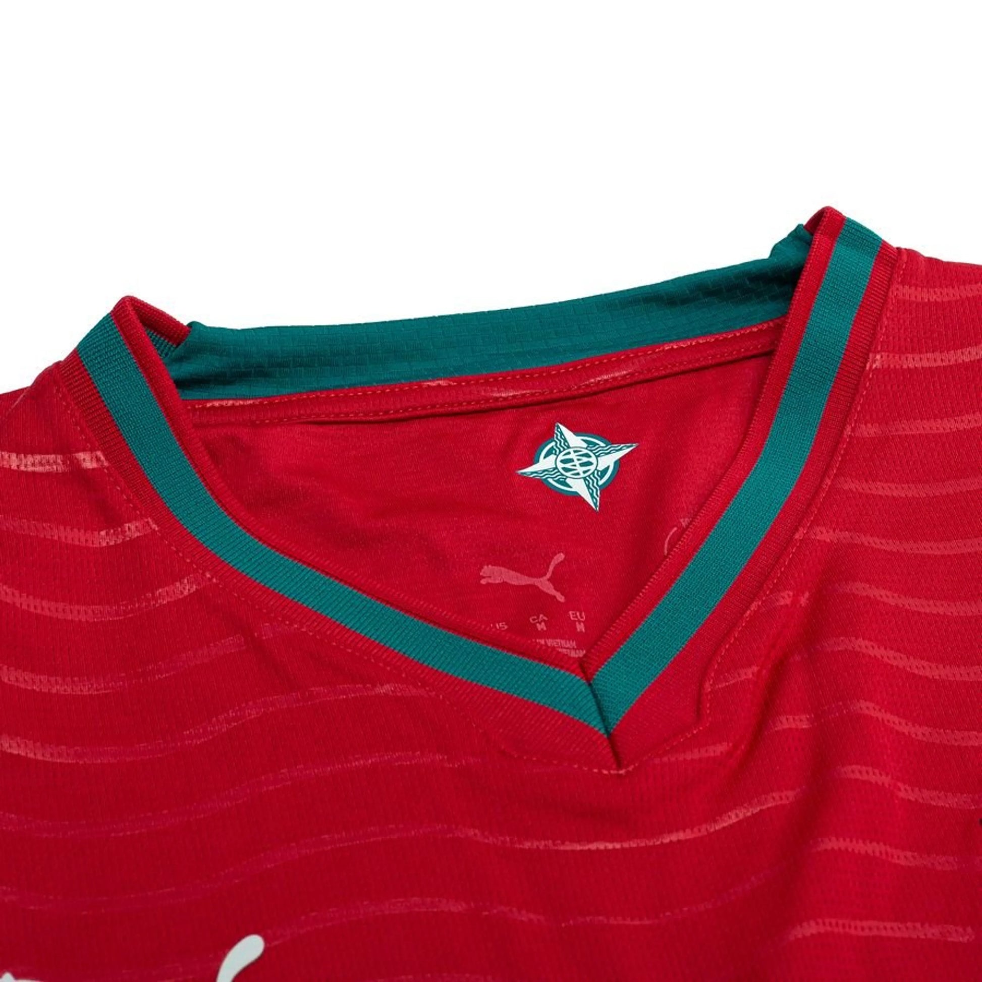 neck view of the PUMA Portugal 2026 World Cup Home Long Sleeve Jersey in Red and Green 