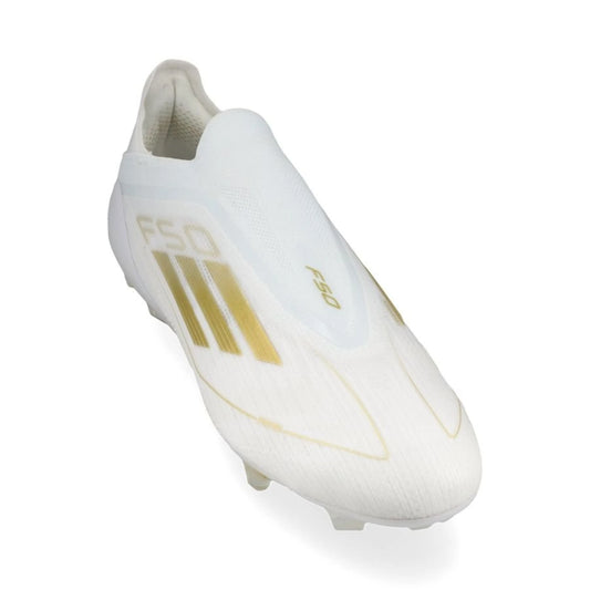 outside view of the white and gold adidas F50 Elite Laceless FG(Day Spark Pack)