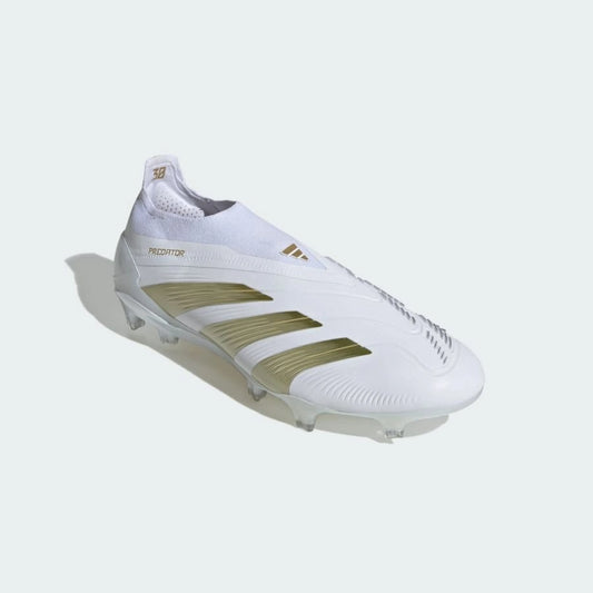 outside view of the adidas Predator Elite Laceless FG in Footwear White / Gold Metallic (Day Spark Pack)