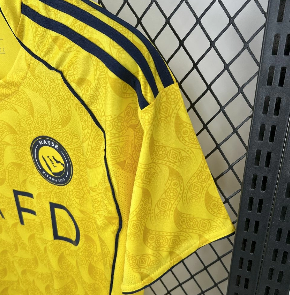 shoulder view of the Al-Nassr 25/26 Home Yellow Football Short Sleeve Jersey Designed By Adidas