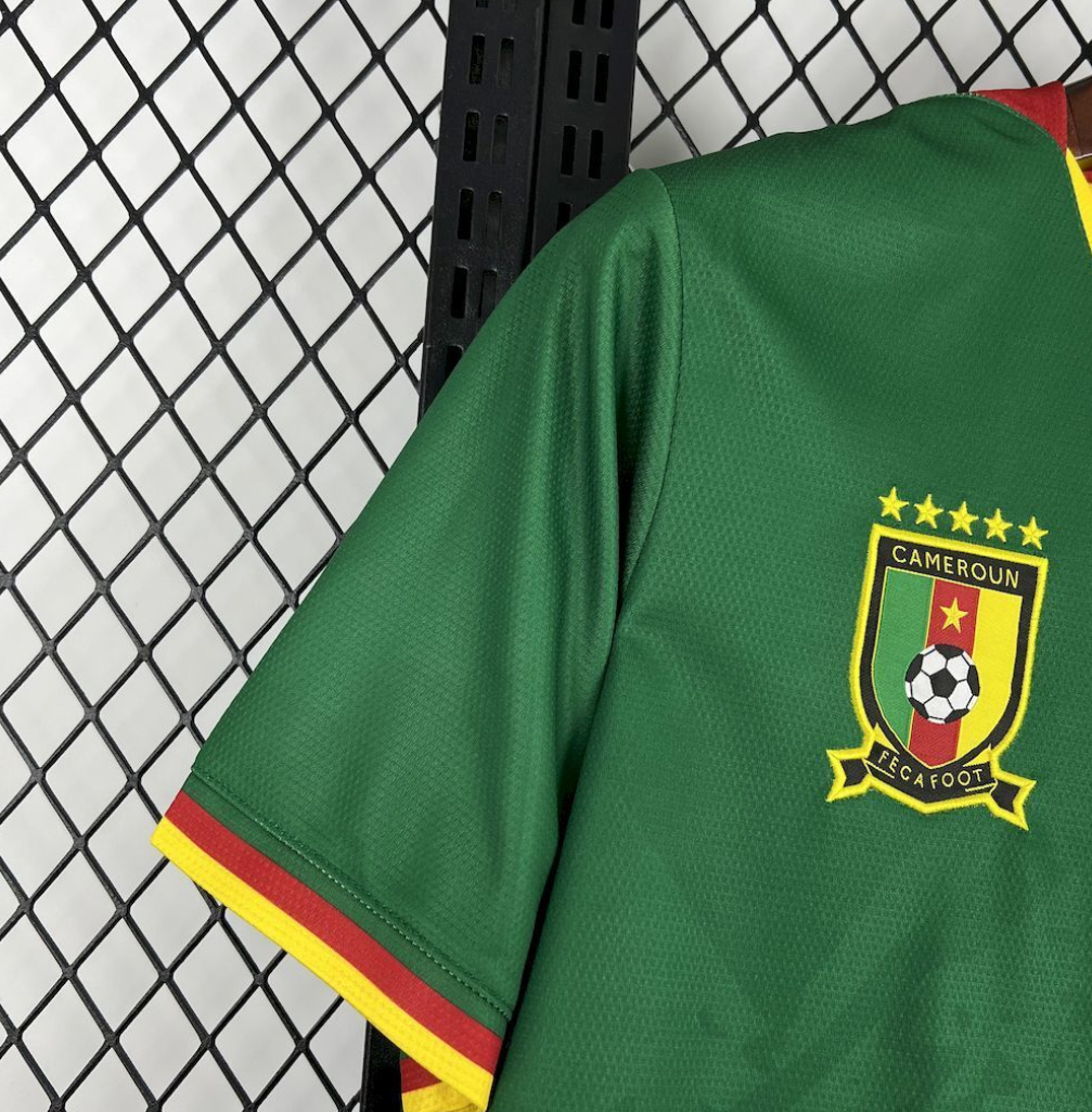 shoulder view of the Cameroon 25/26 Home Green Football Short Sleeve Jersey Designed by Fourteen