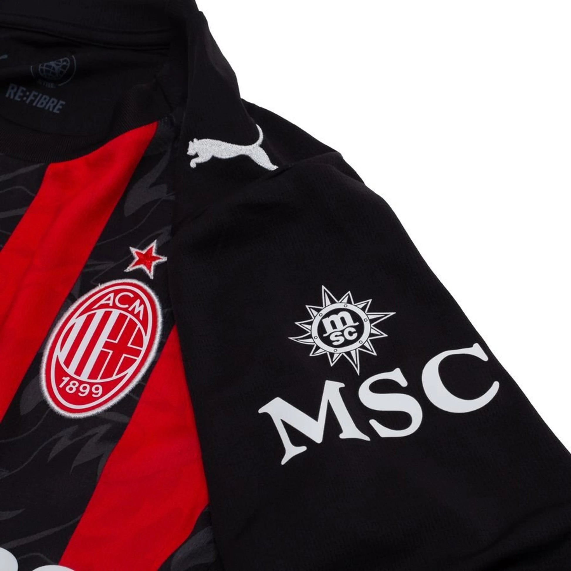 shoulder view of the PUMA AC Milan 2025/26 Home Long Sleeve Black & Red Jersey