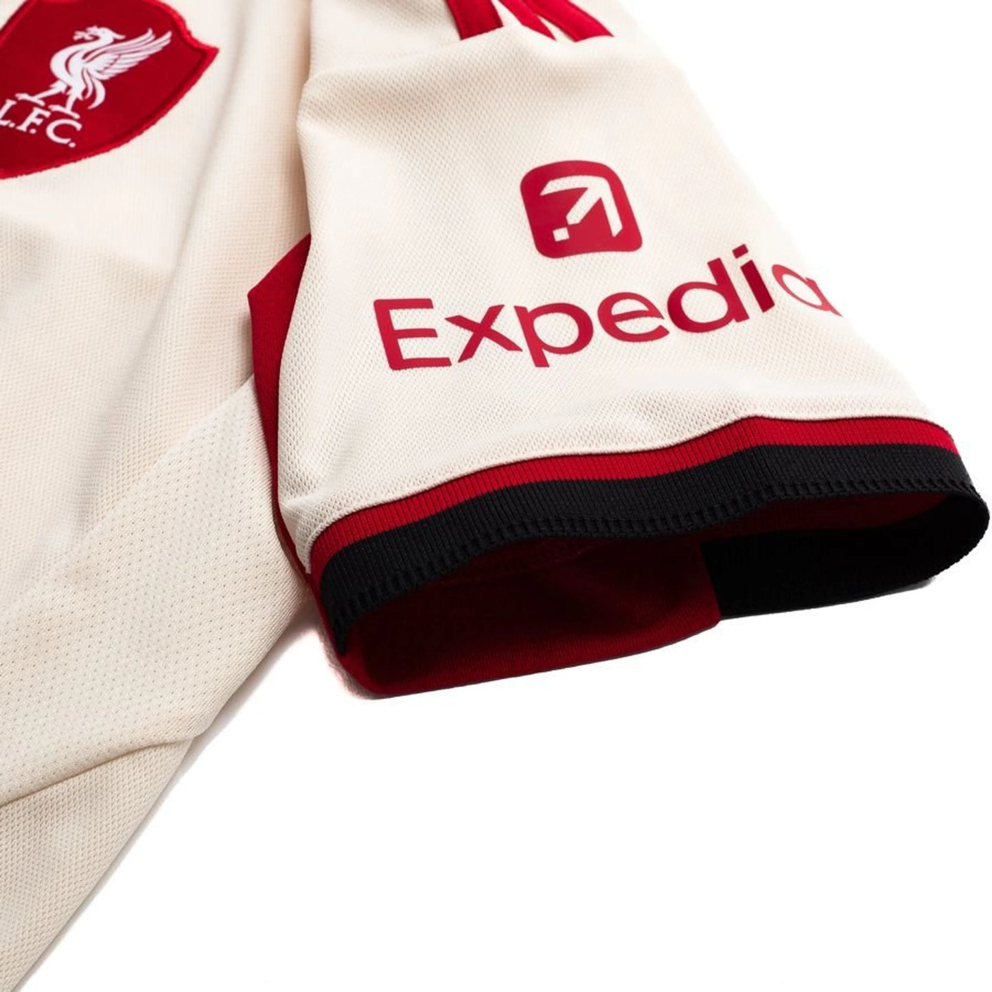 shoulder view of the adidas Liverpool Away Shirt 2025/26 Women - White/Black/Red