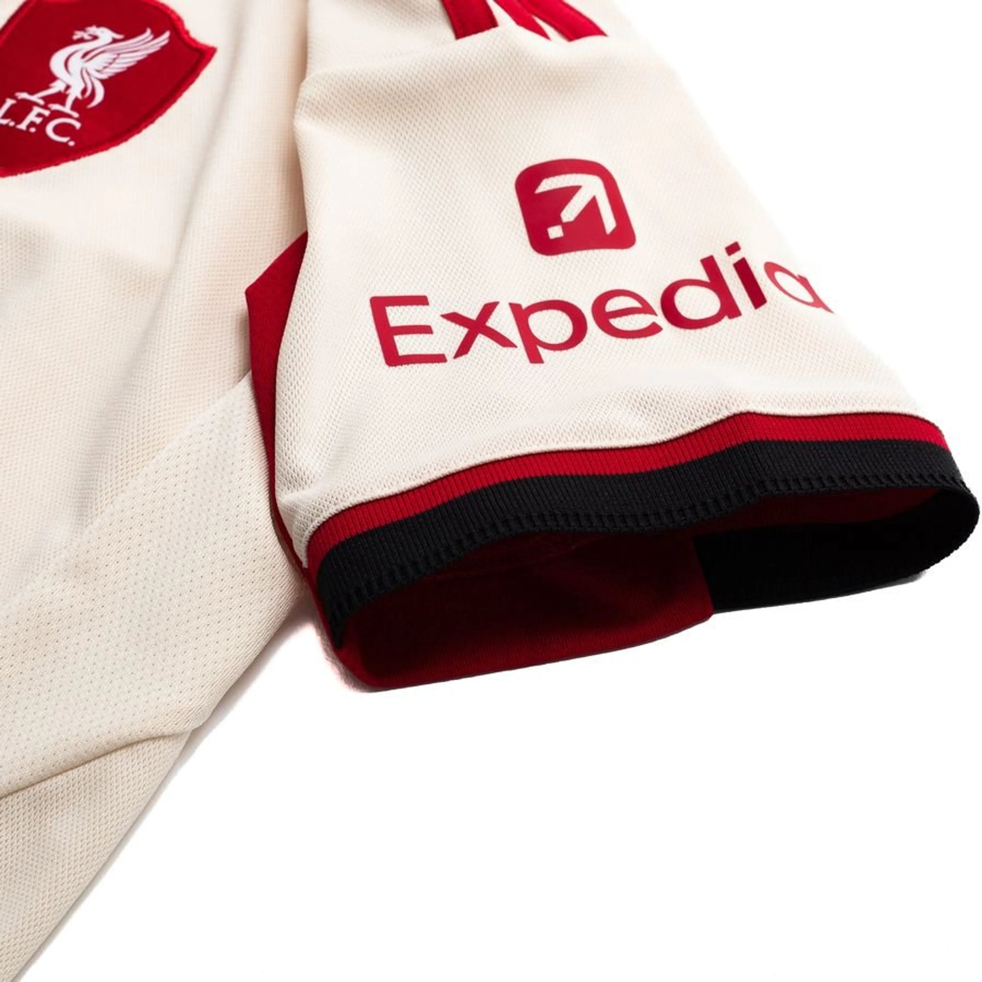 shoulder view of the adidas Liverpool Away Shirt 2025/26 Women - White/Black/Red