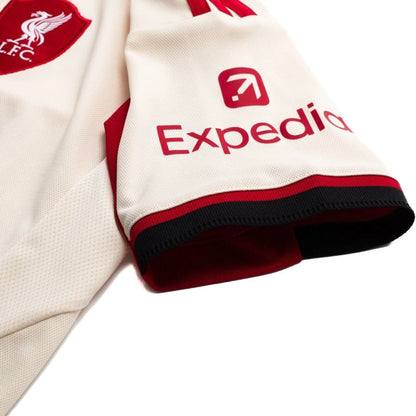 shoulder view of the adidas Liverpool Away Shirt 2025/26 Women - White/Black/Red