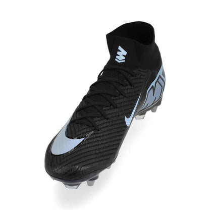 side view of the Nike Air Zoom Mercurial Superfly 10 Elite SG-PRO in Black/Blue from the stealthy Shadow Pack