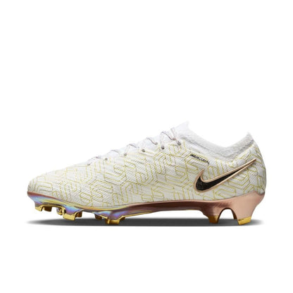 side view of the Nike Air Zoom Mercurial Vapor 15 Elite FG "United Golden" pack in a White/Black/Gold colorway