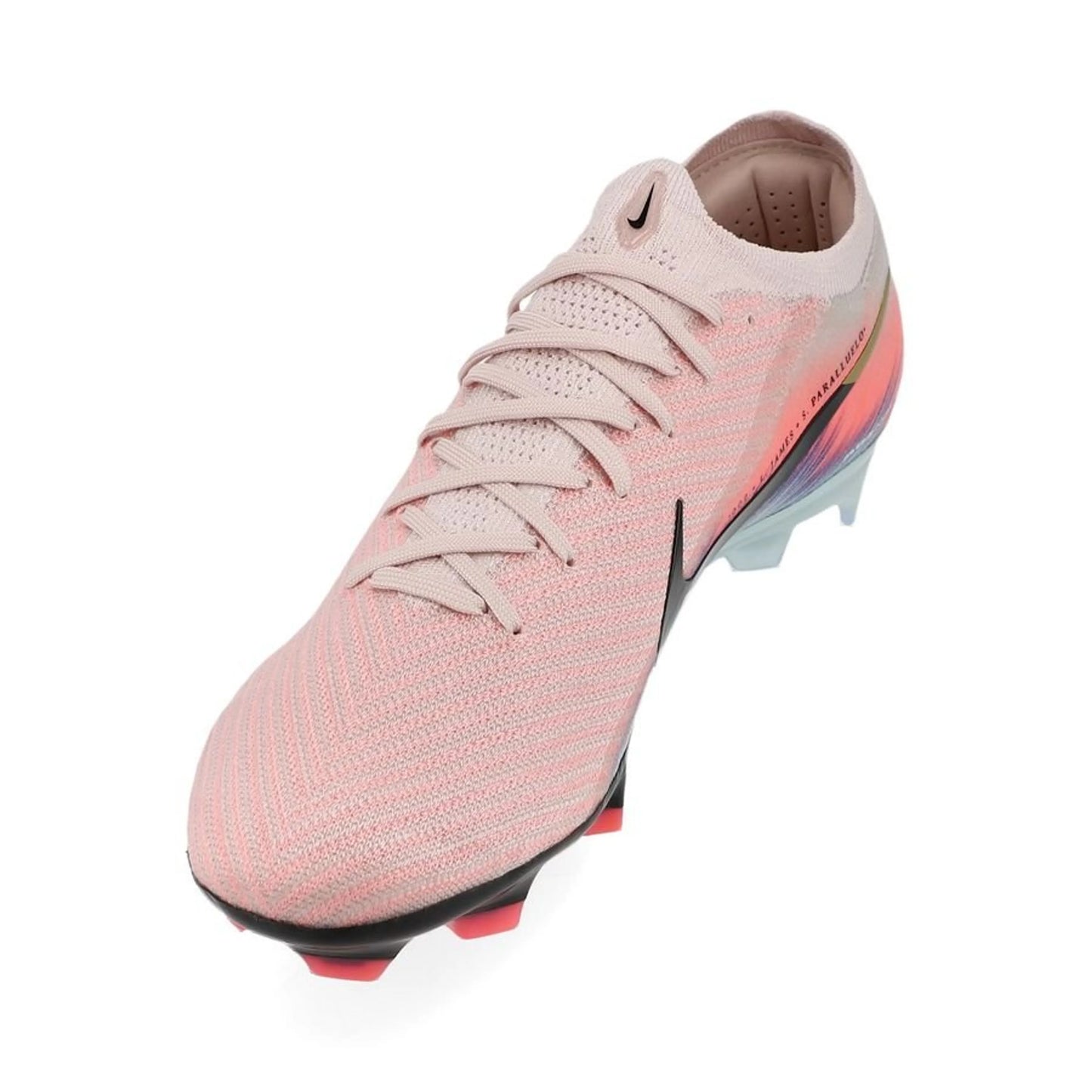 side view of the Nike Air Zoom Mercurial Vapor 16 Elite FG "United Chapter 2" Pack in a Pink/Blue/Black colorway