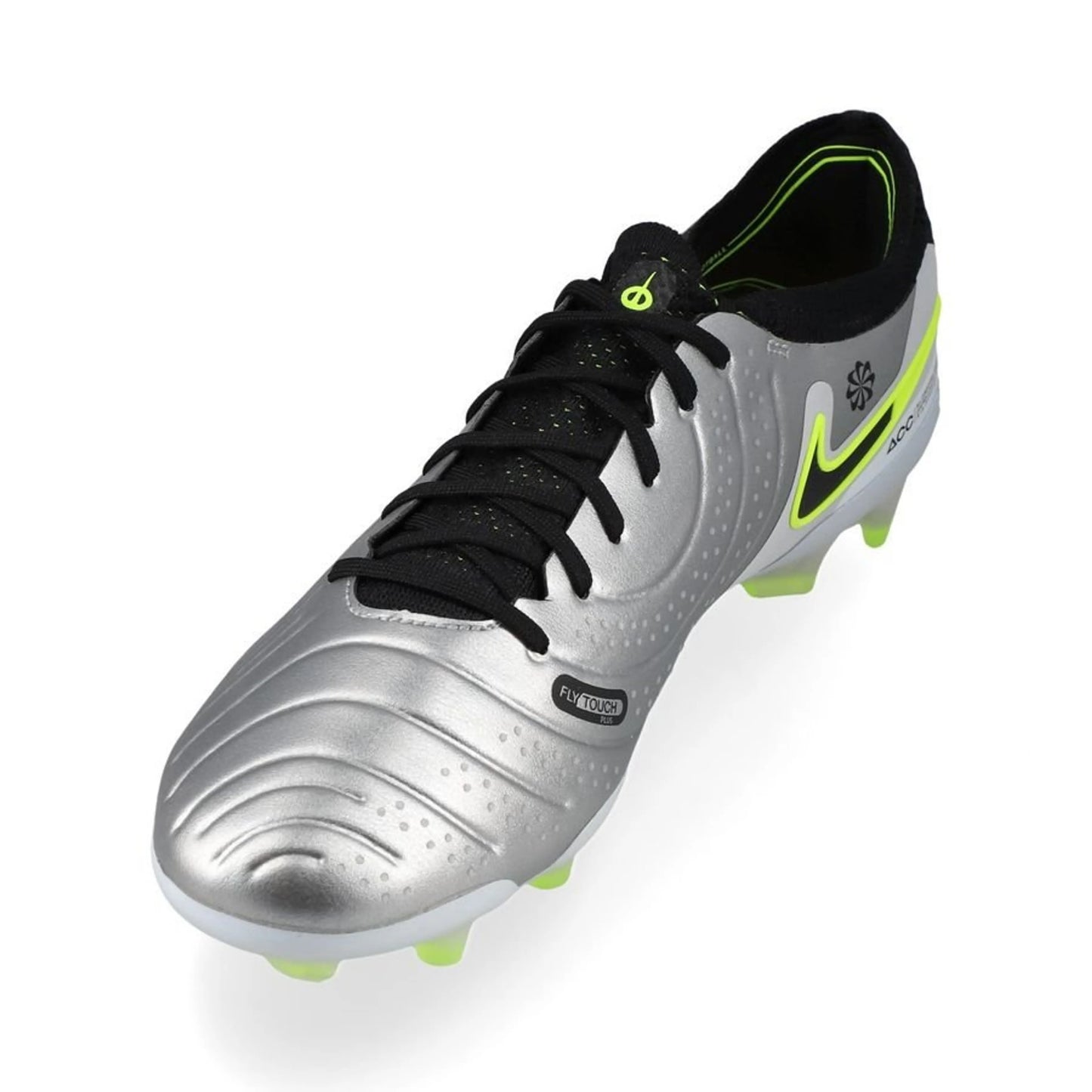 side view of the Nike Tiempo Legend 10 Elite FG "Mad Voltage" Pack in a Silver/Black/Neon colorway