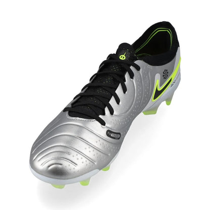 side view of the Nike Tiempo Legend 10 Elite FG "Mad Voltage" Pack in a Silver/Black/Neon colorway