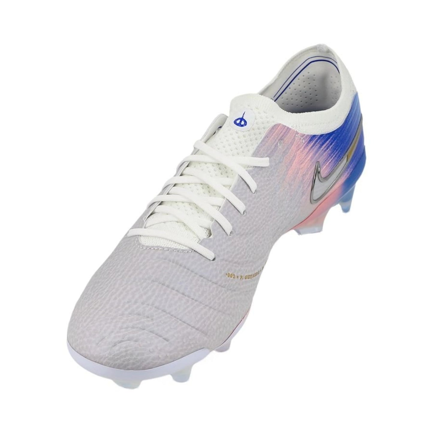 side view of the Nike Tiempo Legend 10 Elite FG "United Chapter 2" Pack in a White/Blue/Pink colorway