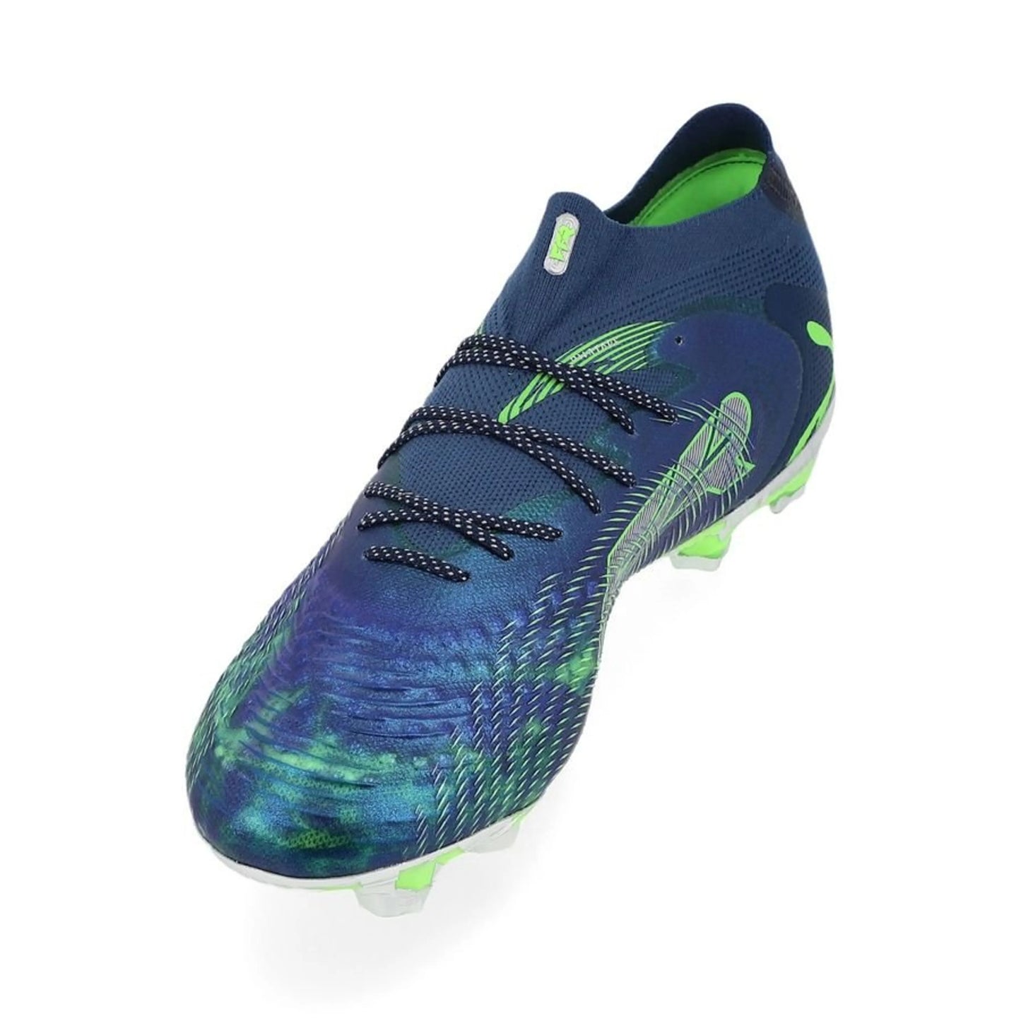 side view of the PUMA Future 9 Ultimate FG Cosmic Art in Blue/Green/Silver colorway
