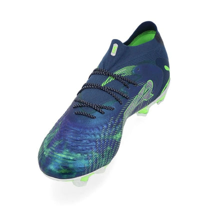 side view of the PUMA Future 9 Ultimate FG Cosmic Art in Blue/Green/Silver colorway