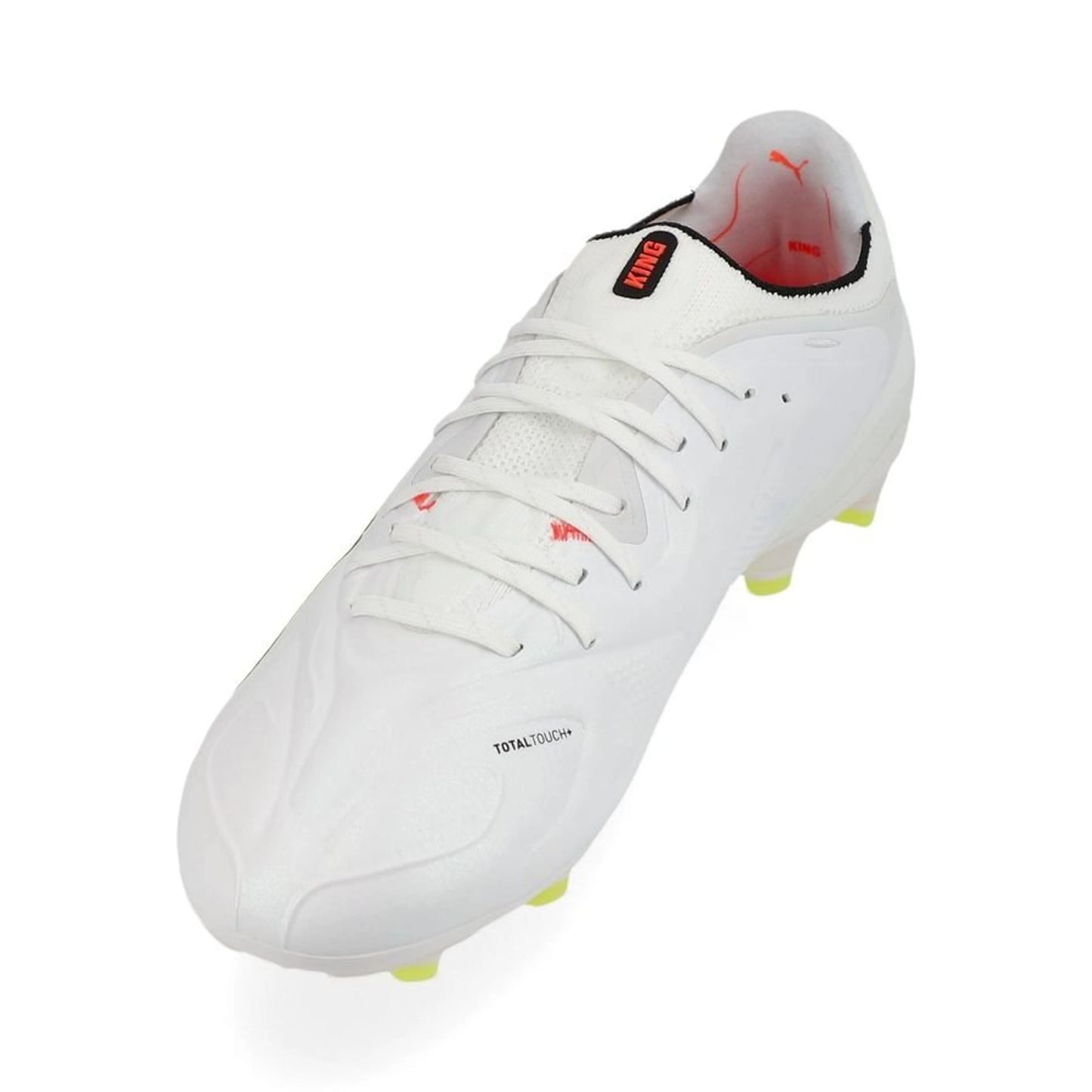side view of the PUMA King 20 Ultimate FG/AG Unleashed in White/Red/Yellow colorway