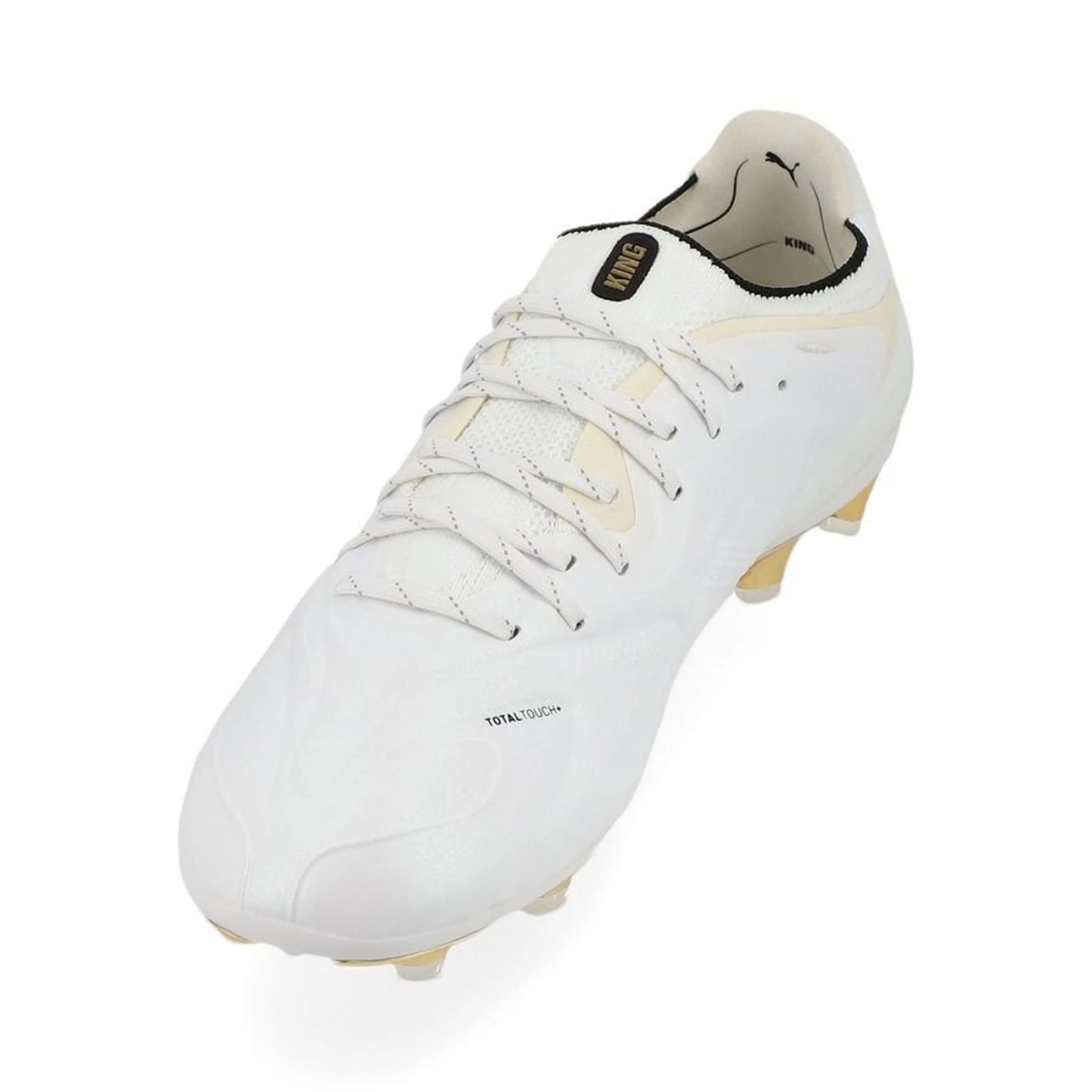 side view of the PUMA King 20 Ultimate FG/AG White Gold in White/Gold/Black colorway