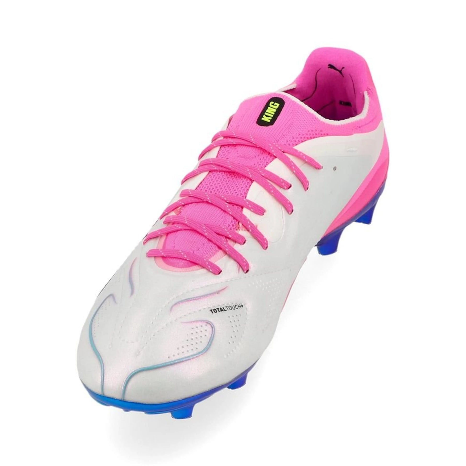 side of the PUMA King 20 Ultimate FG/AG in PUMA White / Poison Pink / Bright Aqua (Showtime Pack)