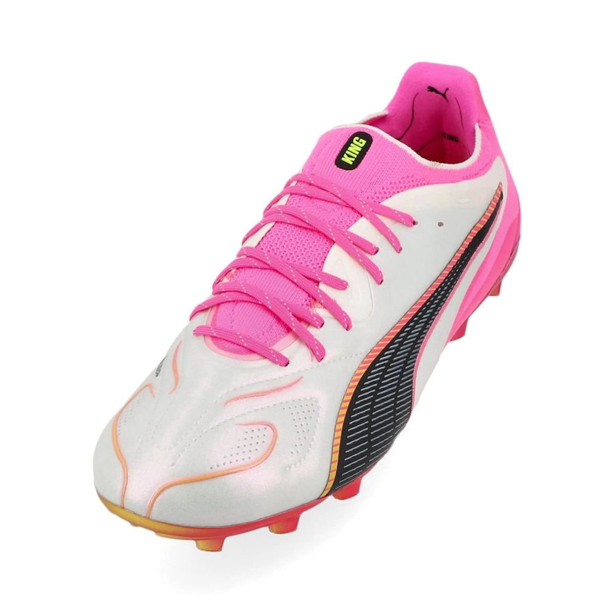 side view of the PUMA King 20 Ultimate FG/AG in PUMA White / Poison Pink / Bright Aqua (Showtime Pack)