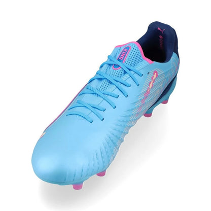 side view of the PUMA King Ultimate FG/AG "Volume Up" Pack in a Blue/Pink/Black colorway