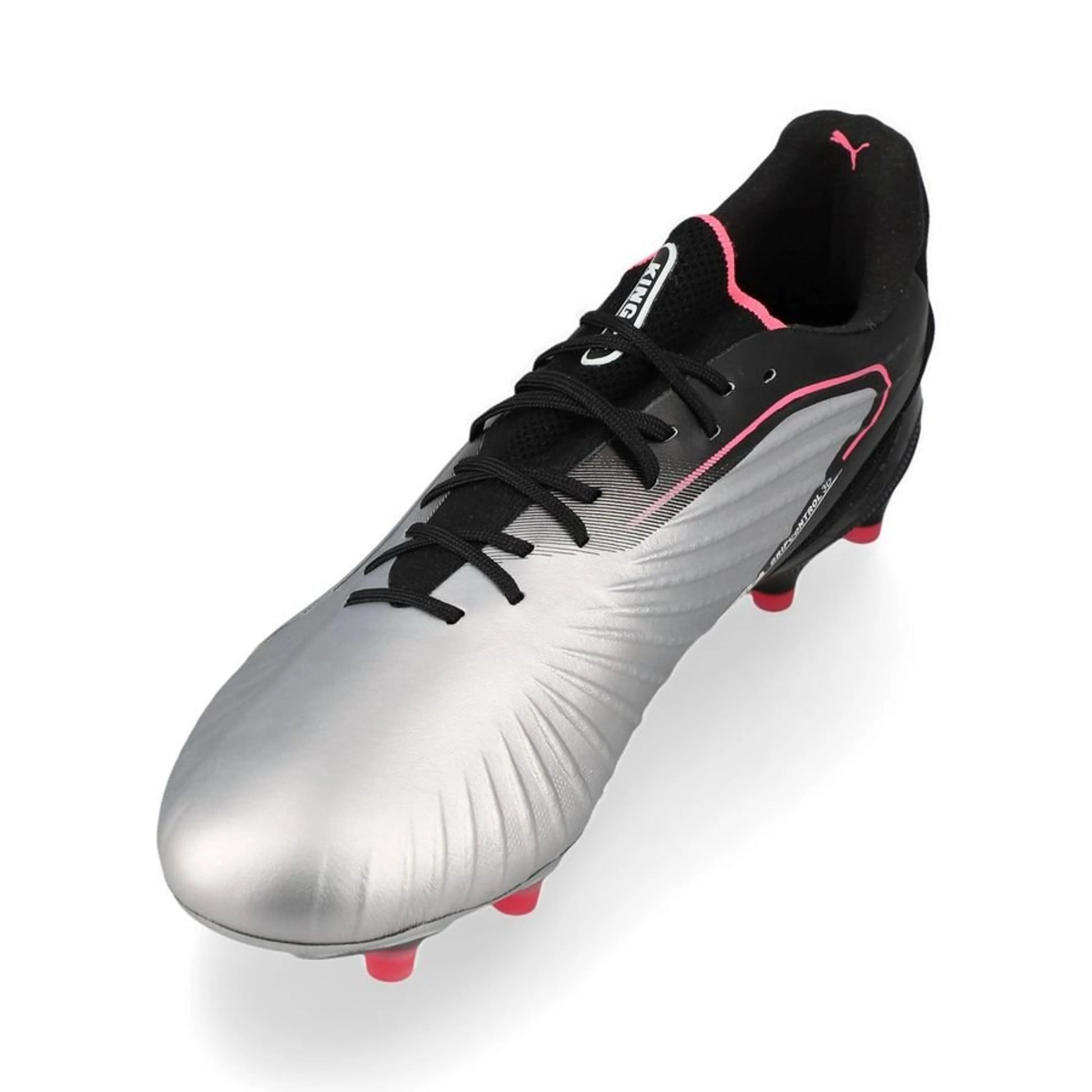 side view of the PUMA King Ultimate FG "Audacity" Pack in a Silver/Black colorway