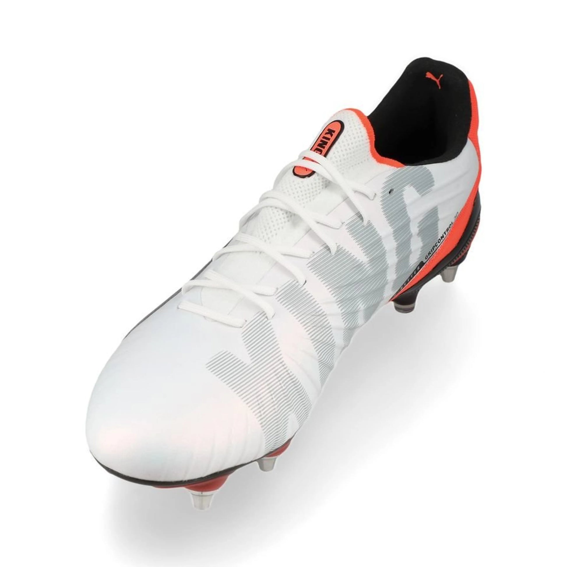 side view of the PUMA King Ultimate SG from the high-energy Untamed Pack in White/Red/Black