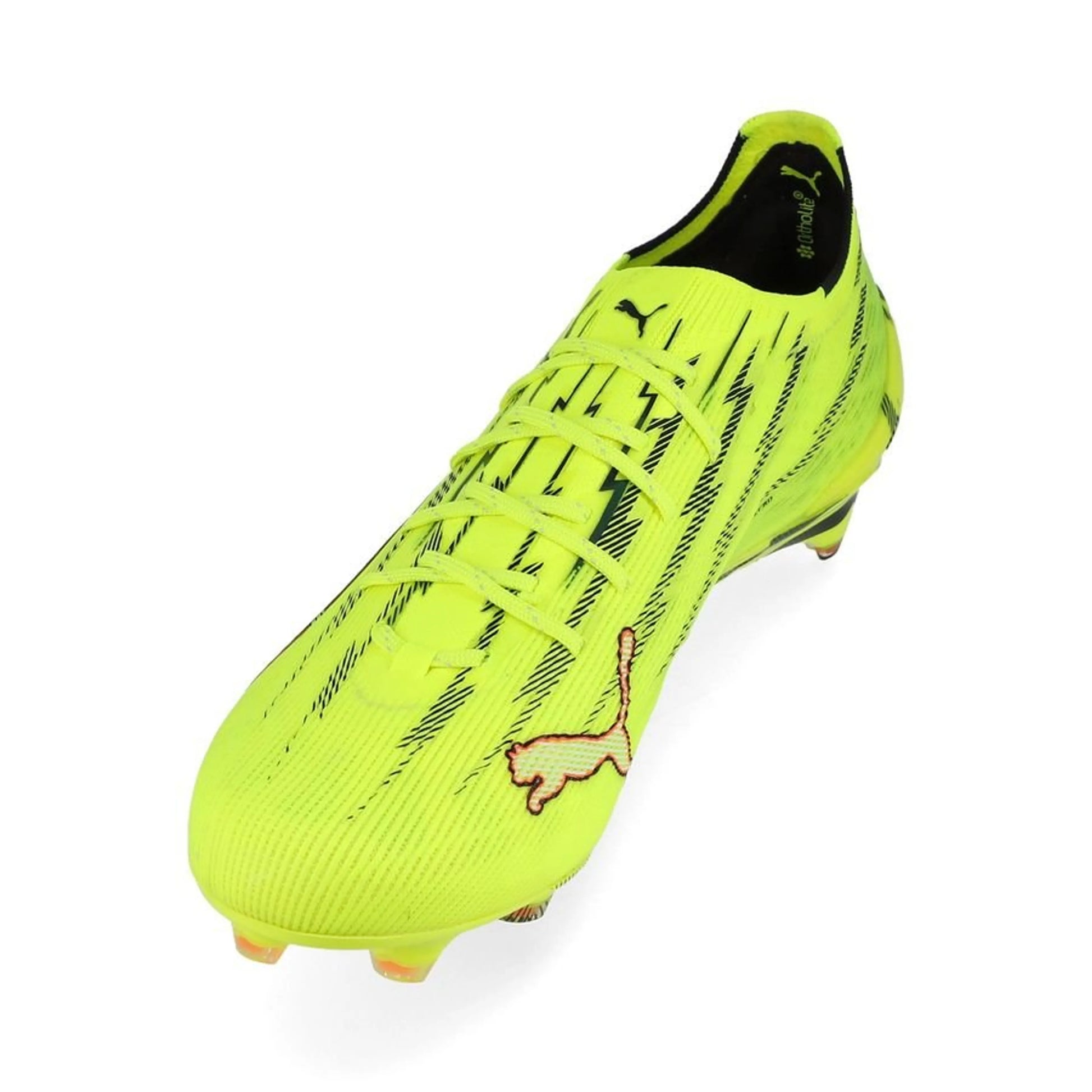 side view of the PUMA Ultra 6 Ultimate FG Unleashed in Yellow/Black/Red/Lime colorway
