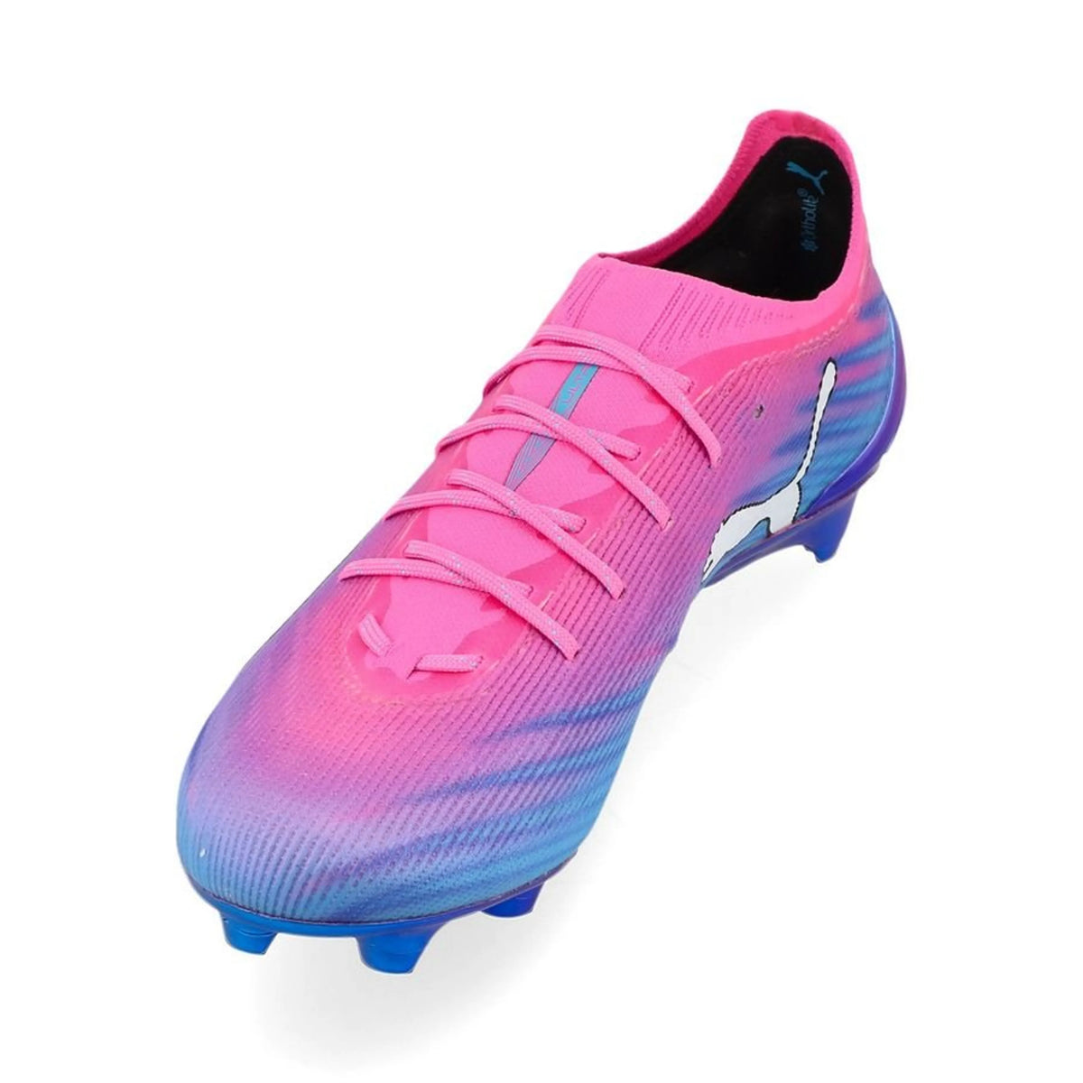 side view of the PUMA Ultra 6 Ultimate FG Women's in Poison Pink / Sun Stream (Showtime Pack)