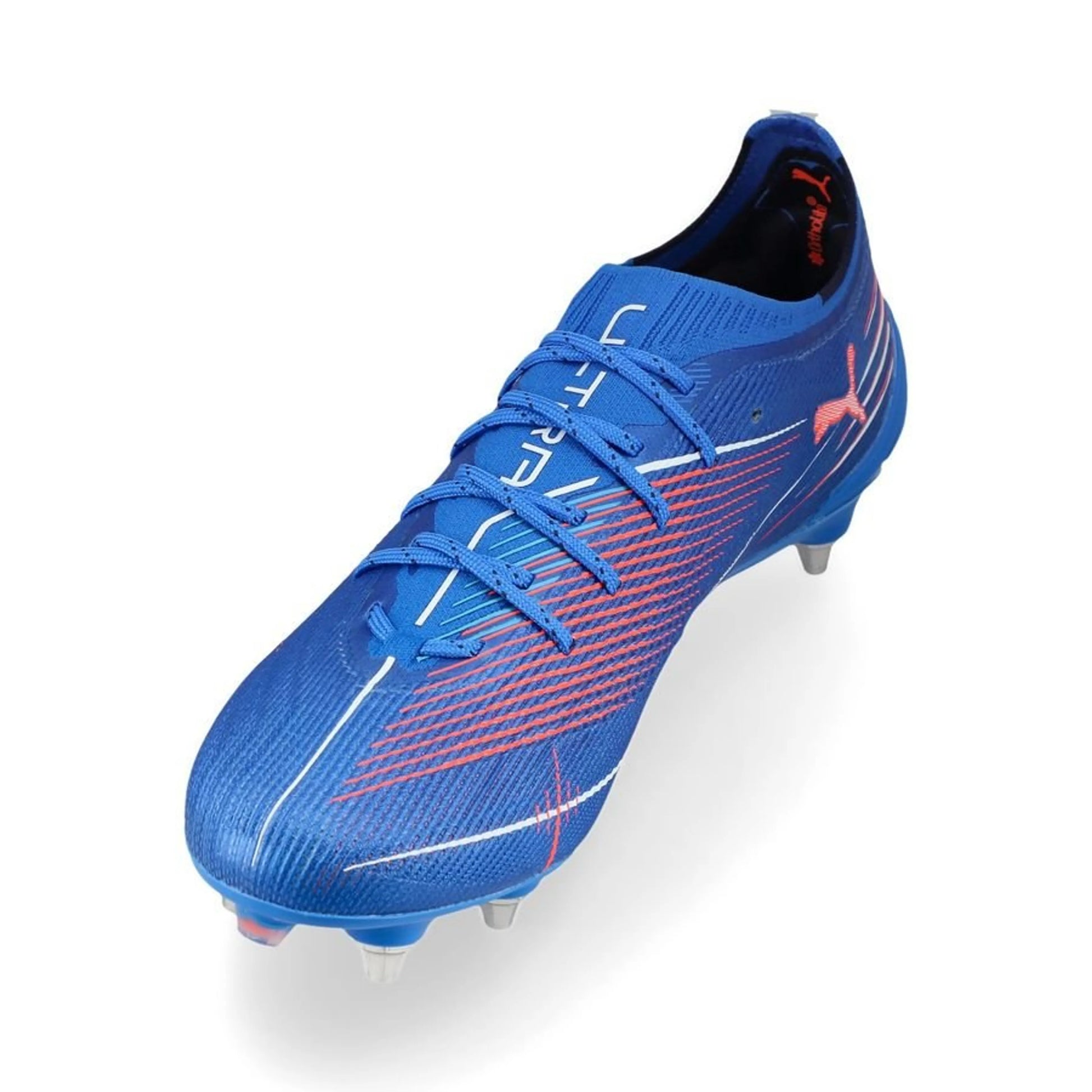 side view of the PUMA Ultra 6 Ultimate SG Untamed in Blue/White/Red