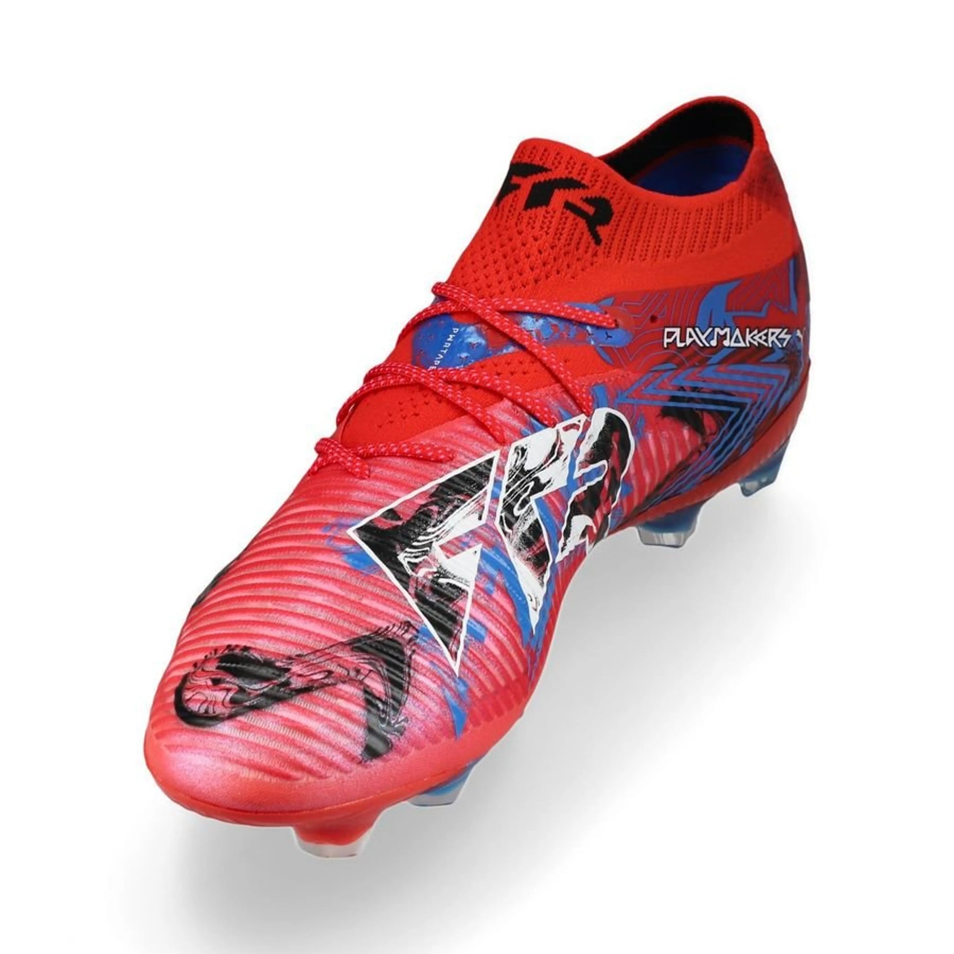 side view of the Puma Future 8 Ultimate FG "Playmaker" Pack in a Red/Black/Blue colorway