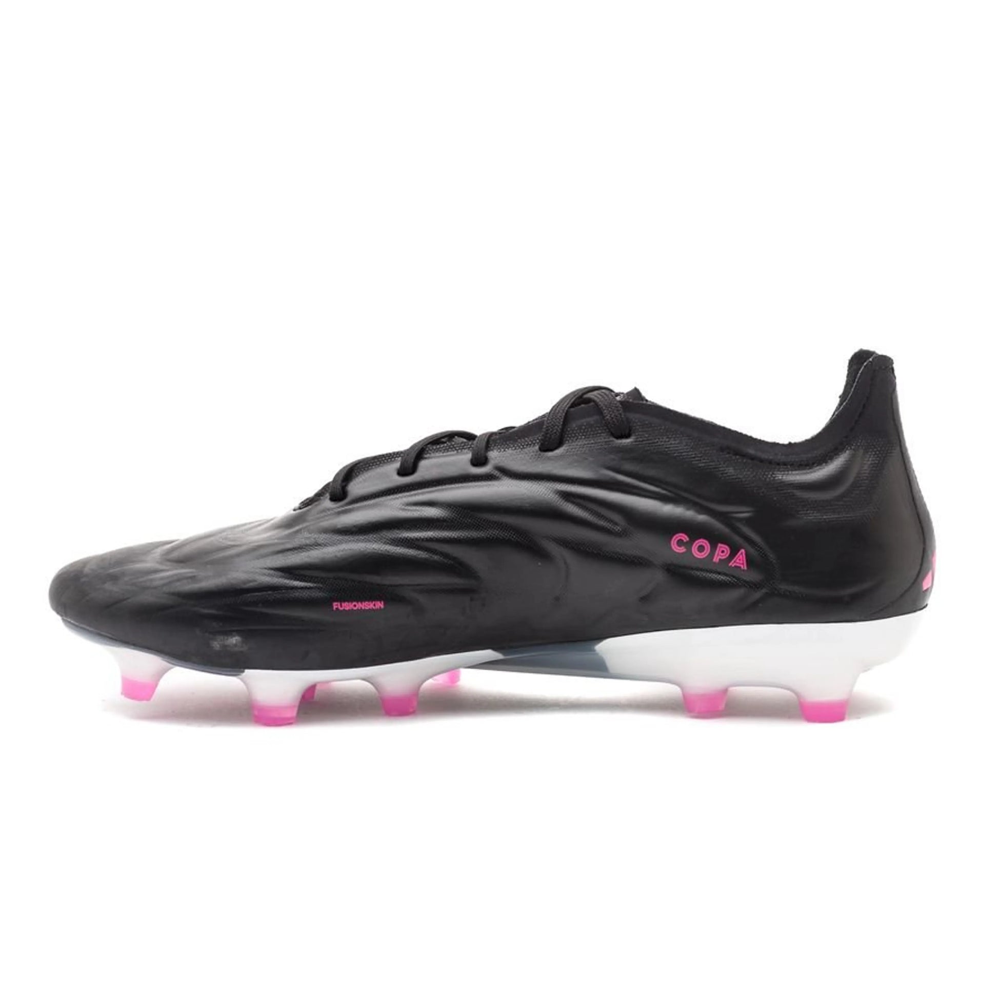 side view of the adidas Copa Pure .1 FG "Own Your Football" Pack in a Black/White/Pink colorway