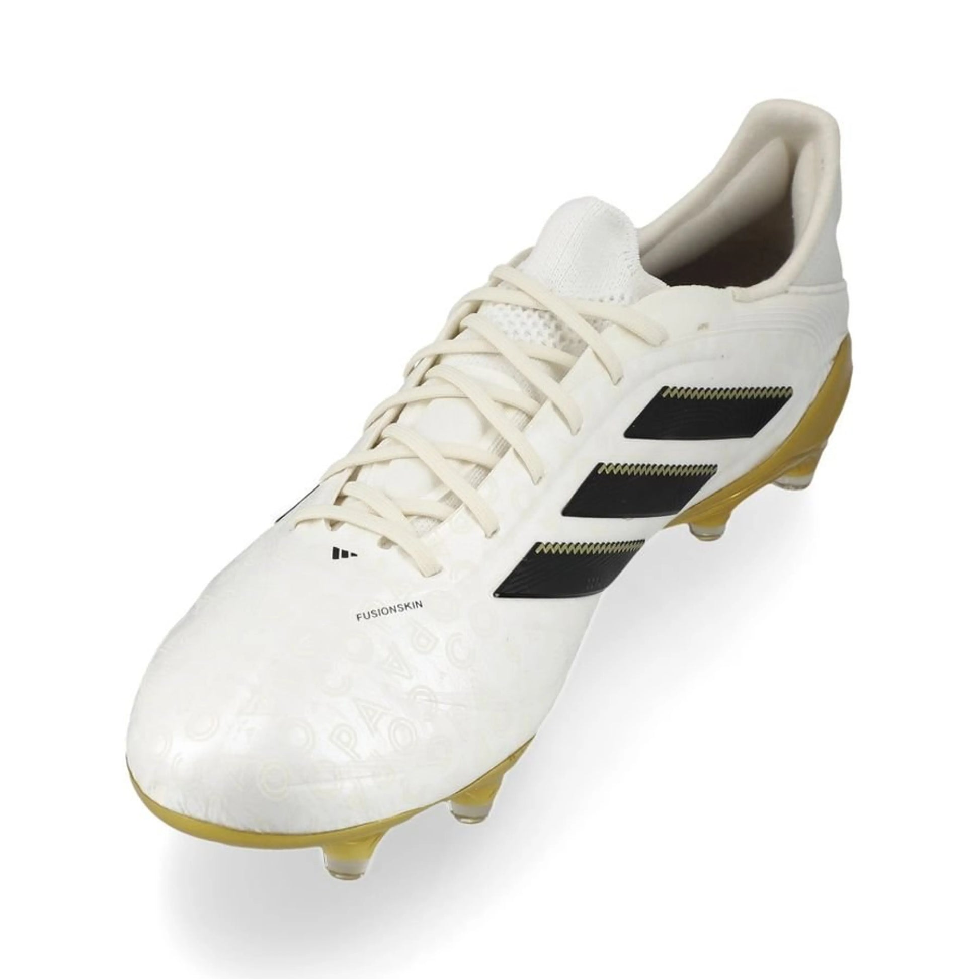 side view of the adidas Copa Pure Elite III FG "Road to Glory" Pack in a White/Black/Gold colorway 