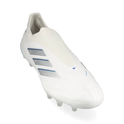 side view of the adidas Copa Pure Elite III Laceless FG "Polar Victory Pack" in a White/Silver/Blue colorway