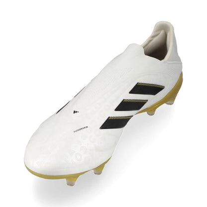 side view of the adidas Copa Pure Elite III Laceless FG "Road to Glory" pack in a White/Black/Gold colorway