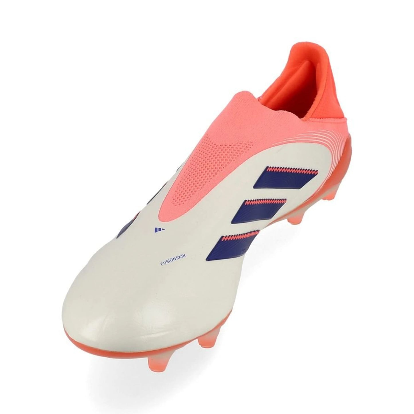 side view of the adidas Copa Pure Elite III Laceless FG in a Coral Blaze/Off White/Blue colorway