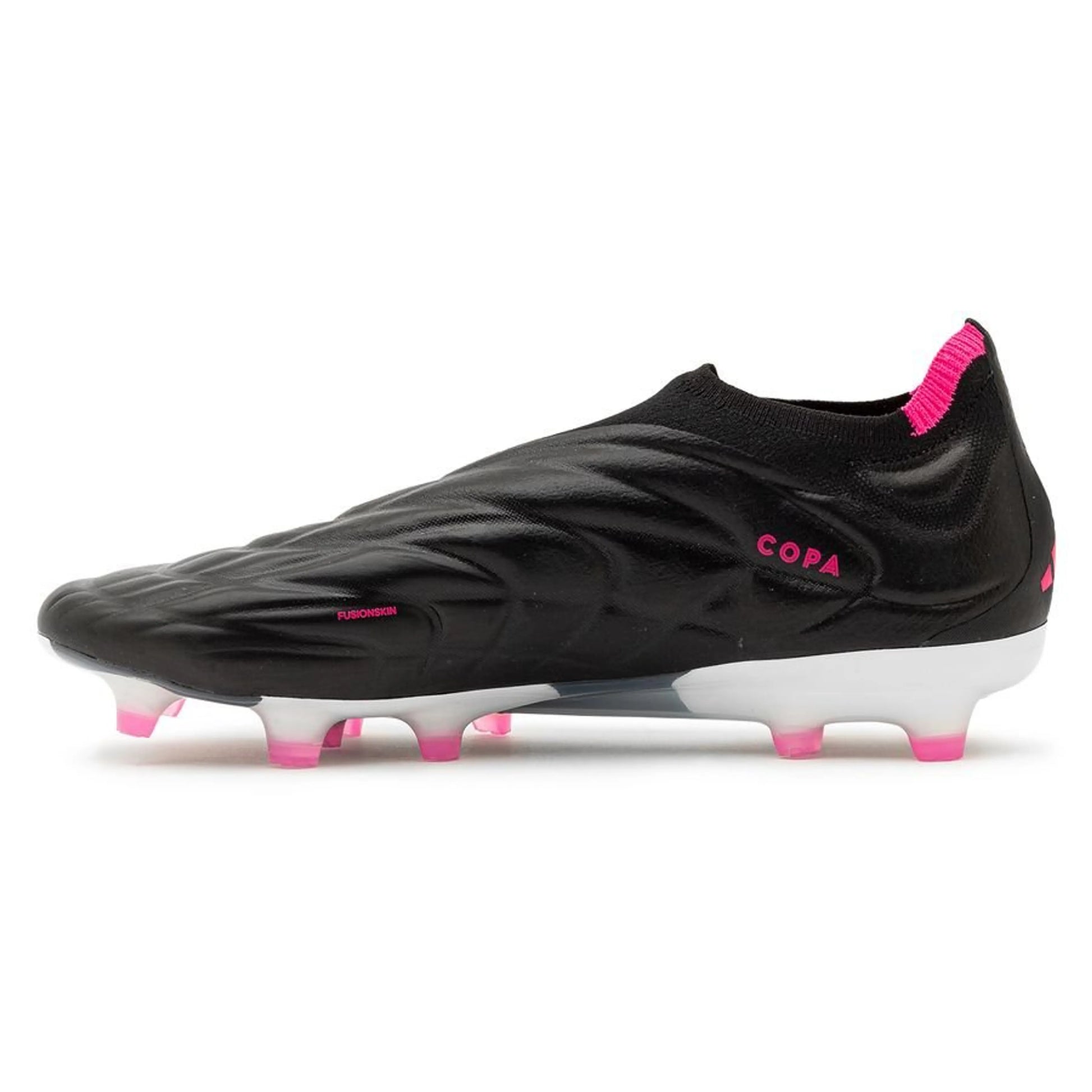 side view of the adidas Copa Pure + FG "Own Your Football" pack in Black/Pink colorway