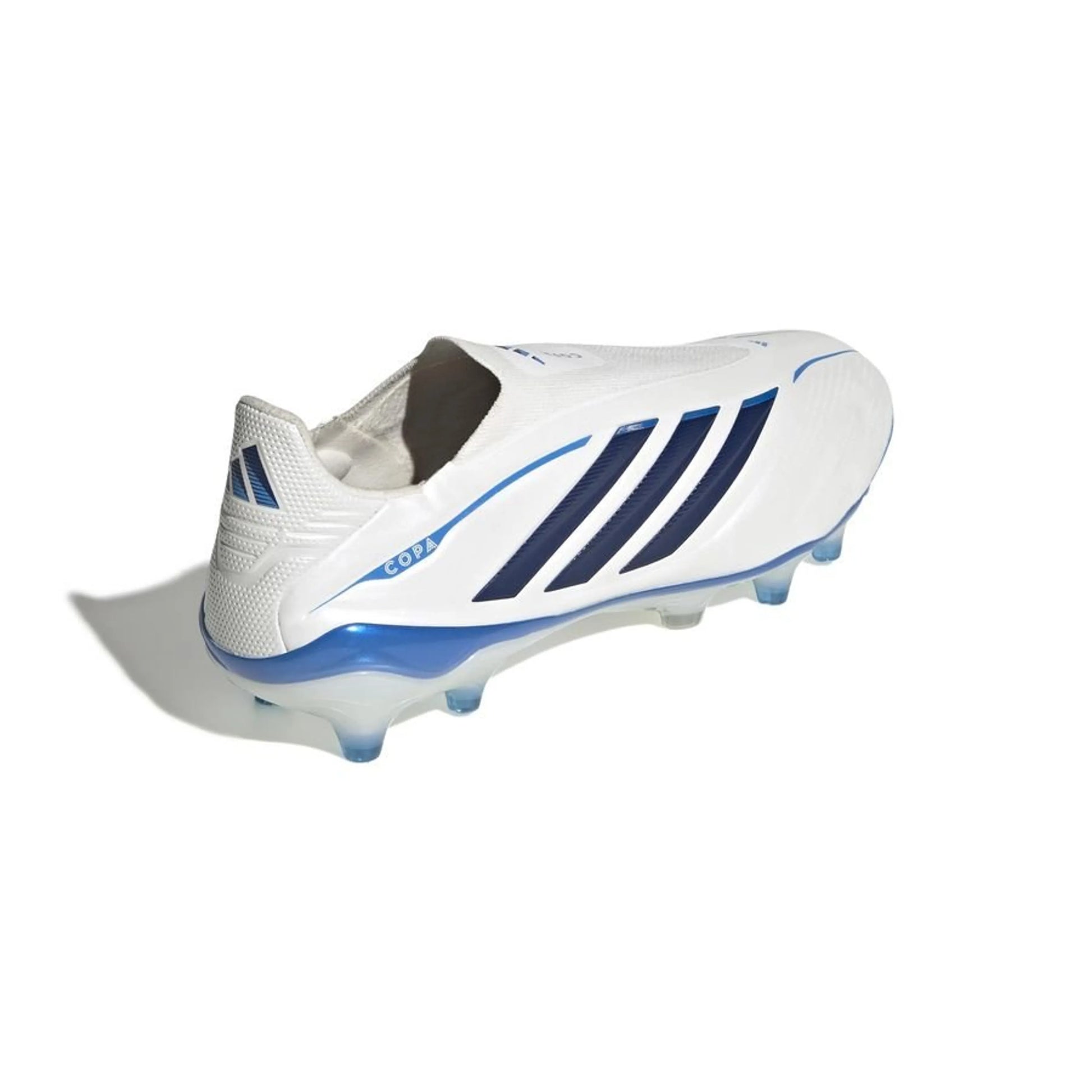 side view of the adidas Copa Pure IV Elite Laceless FG in White/Blue from the Chaos vs Control Pack
