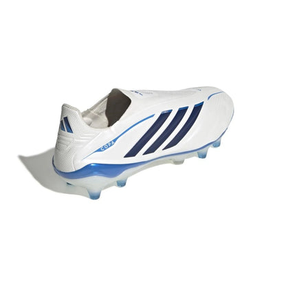 side view of the adidas Copa Pure IV Elite Laceless FG in White/Blue from the Chaos vs Control Pack